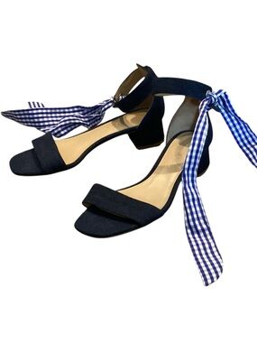 Talbots Denim Gingham Tie Ankle Pump Sandals 6 Blue